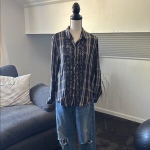 Pilcro Black and Cream Ruffled Button Down Shirt
